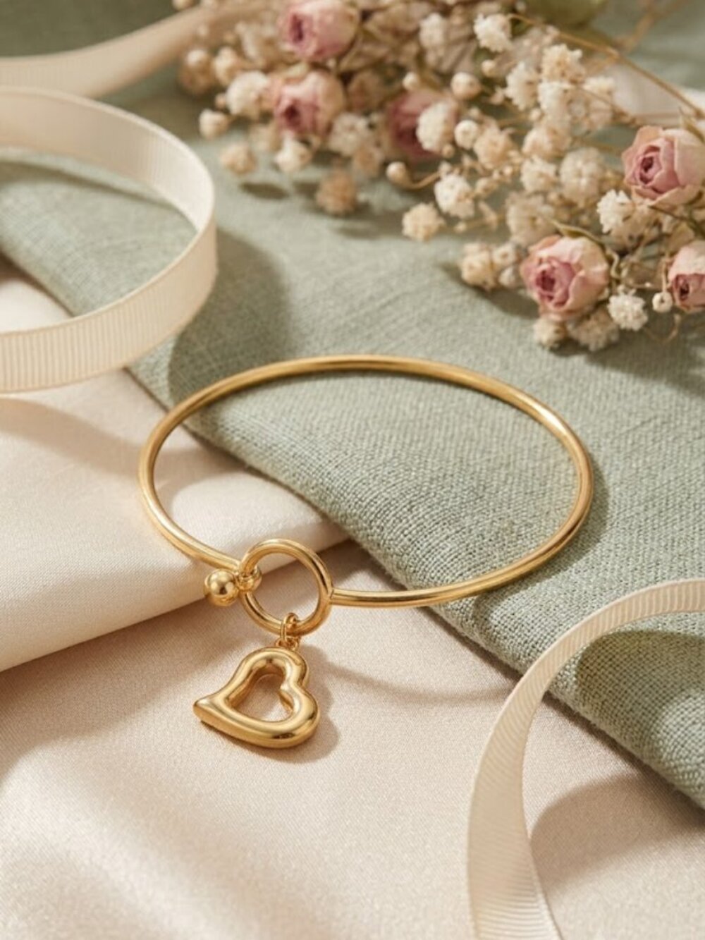 18K Gold Plated 316L SS Hollow Heart Charm Bangle Bracelet Coquette 2.5"